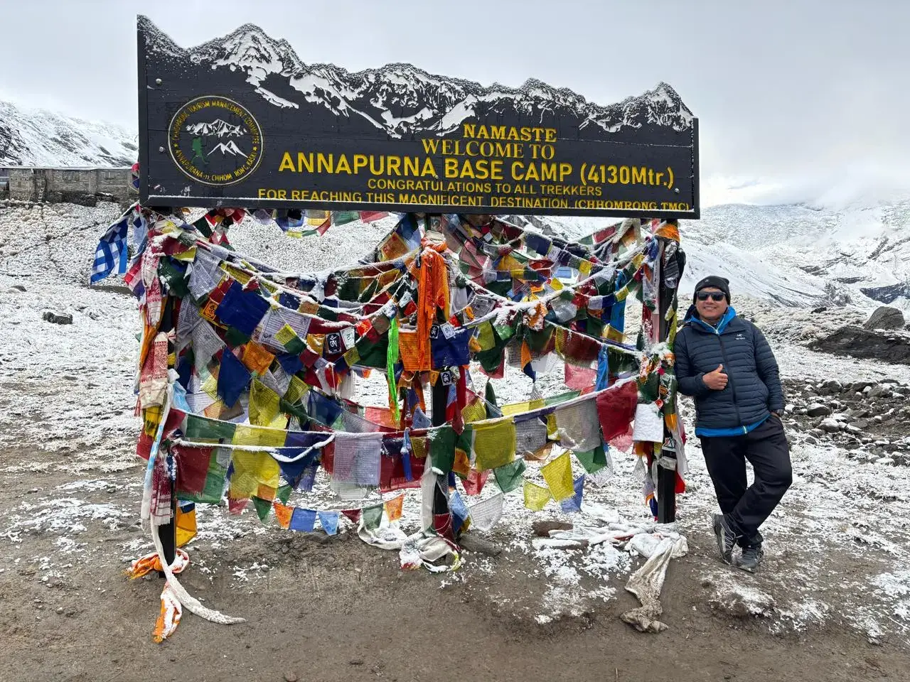 Elysian Quest Team at Annapurna Base Camp during kathmandu pokhara tour with abc heli