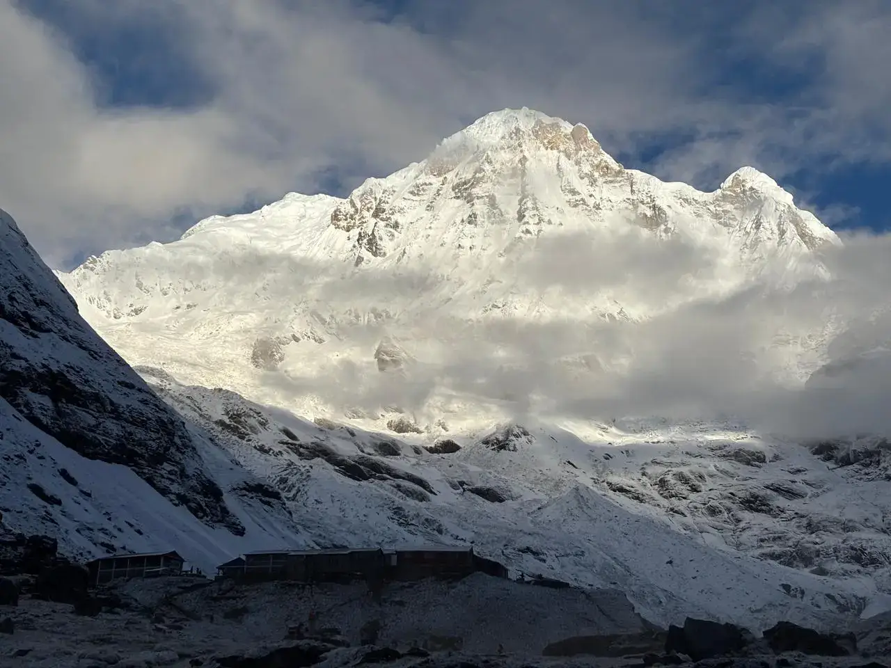 Annapurna I seen during elysian quest kathmandu pokhara tour with heli to ABC